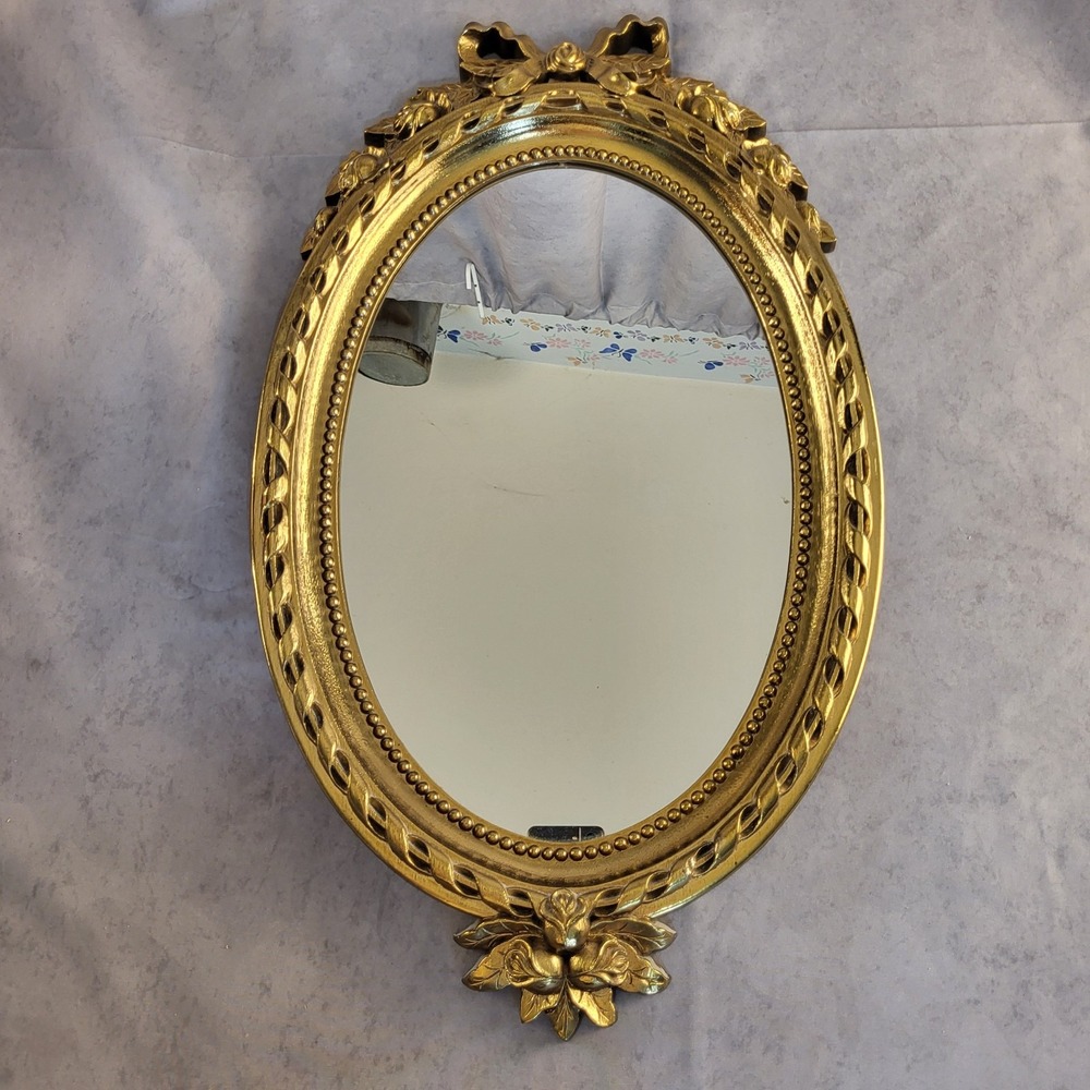 Home Interiors Hollywood Regency Gold Ornate Oval Accent Wall Mirror Bow Flowers